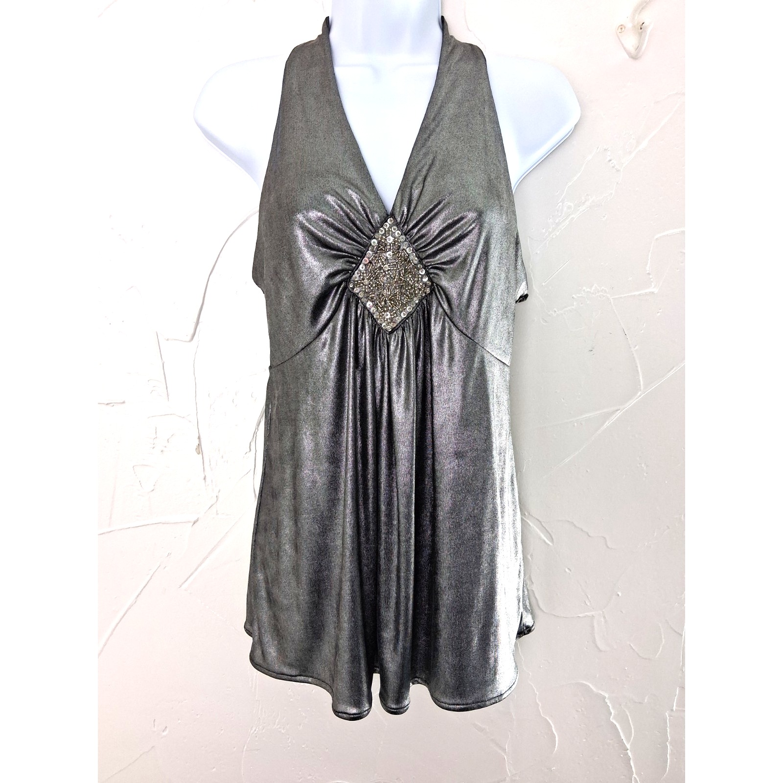 Vintage Y2k Baby Doll Halter Top Size M Metallic Silver Mob Wife Fairy Glam